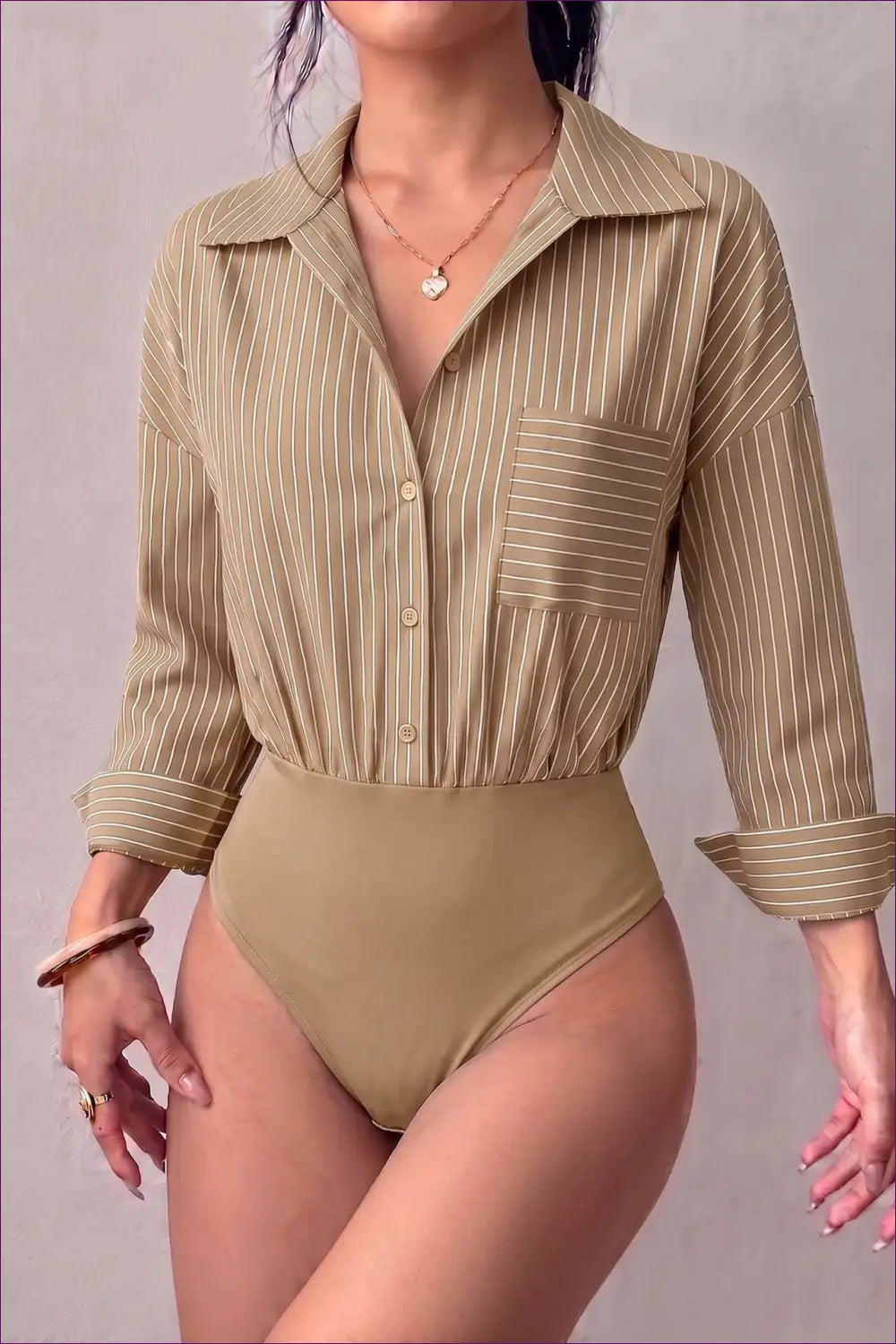 Striped Bodysuit with Chest Pocket Detail - Effortless Chic - Tops - Everyday • just in • Polyester • Top - Lingerie Hut