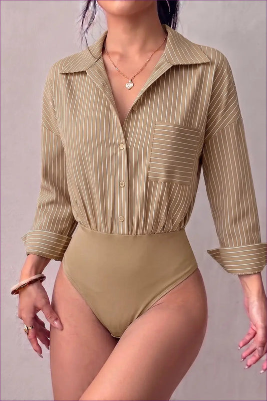 Striped Bodysuit with Chest Pocket Detail - Effortless Chic - Tops - Everyday • just in • Polyester • Top - Lingerie Hut