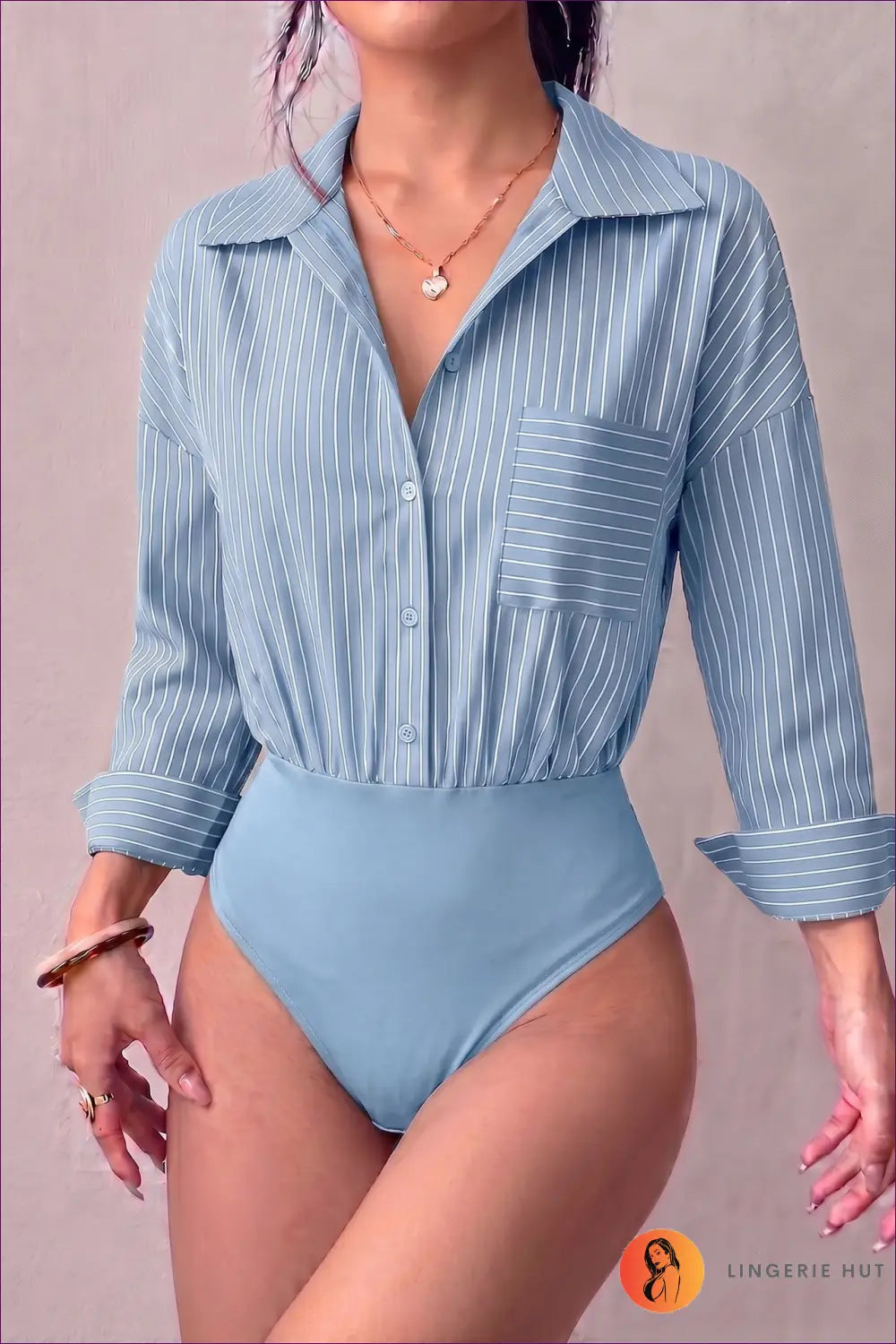 Striped Bodysuit with Chest Pocket Detail - Effortless Chic - s / Blue - Tops - Everyday • just in • Polyester • Top
