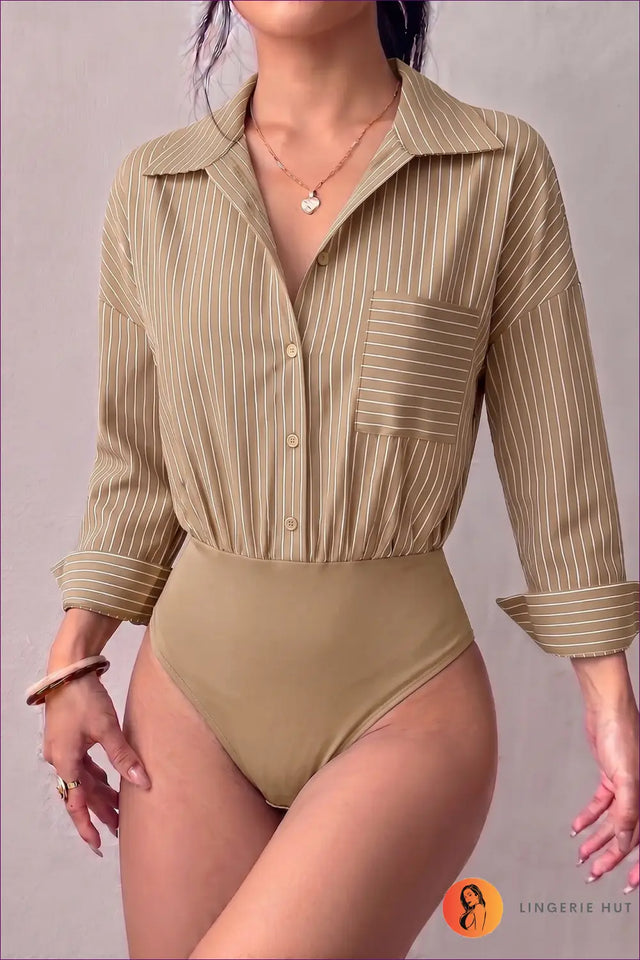 Striped Bodysuit with Chest Pocket Detail - Effortless Chic