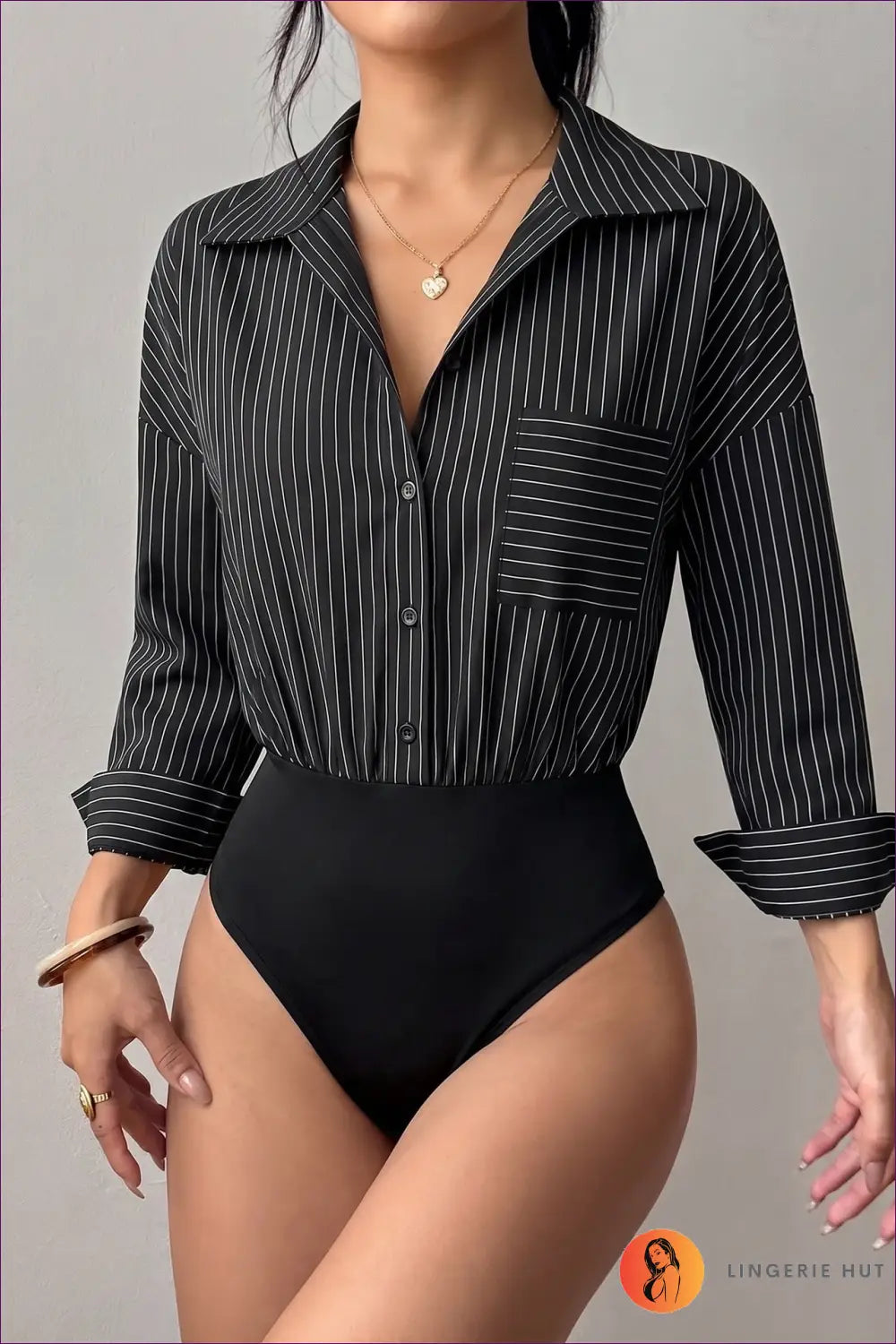 Striped Bodysuit with Chest Pocket Detail - Effortless Chic - s / Black - Tops - Everyday • just in • Polyester • Top