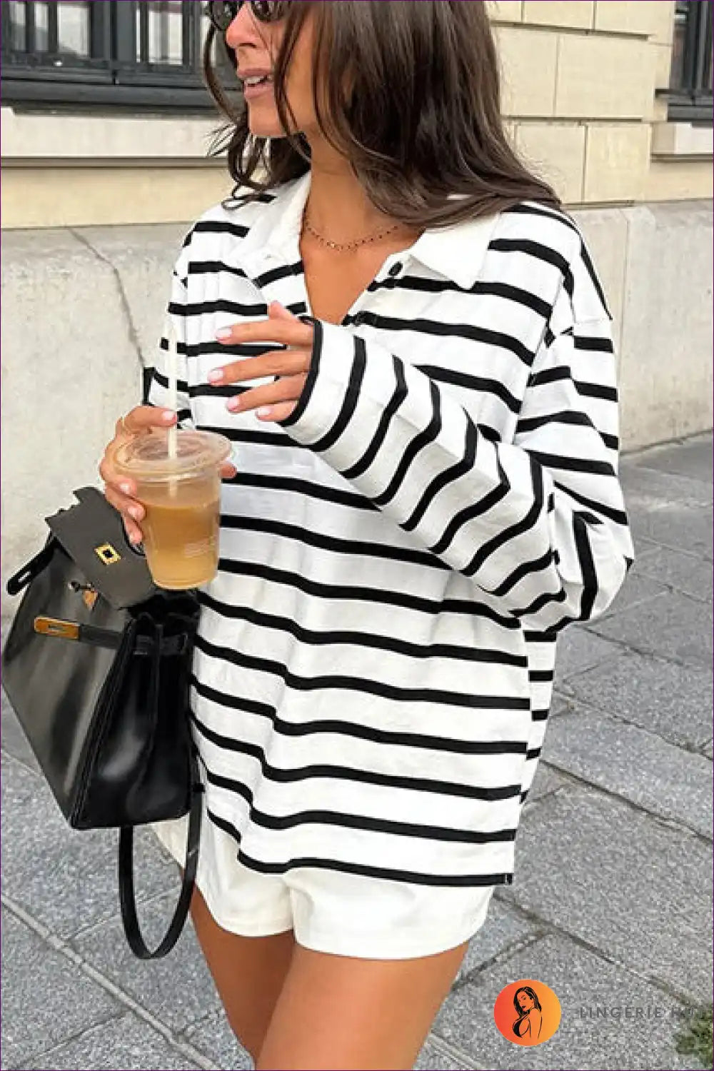 Striped Collared Polo Shirt Long Sleeve - Casual Everyday Top for Autumn, Casual, Everyday, just In, Polyester