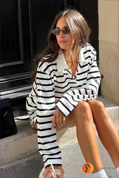 Striped Collared Polo Shirt Long Sleeve - Casual Everyday Top for Autumn, Casual, Everyday, just In, Polyester