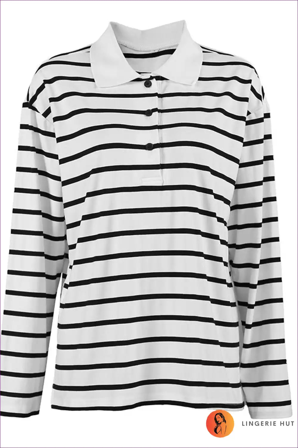 Striped Collared Polo Shirt Long Sleeve - Casual Everyday Top for Autumn, Casual, Everyday, just In, Polyester