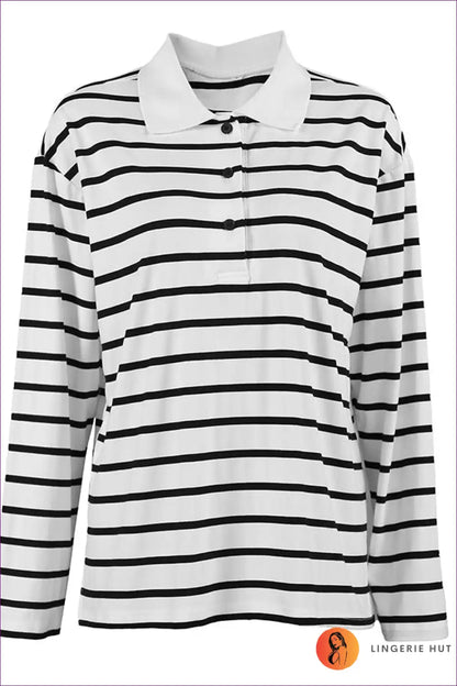 Striped Collared Polo Shirt Long Sleeve - Casual Everyday Top for Autumn, Casual, Everyday, just In, Polyester