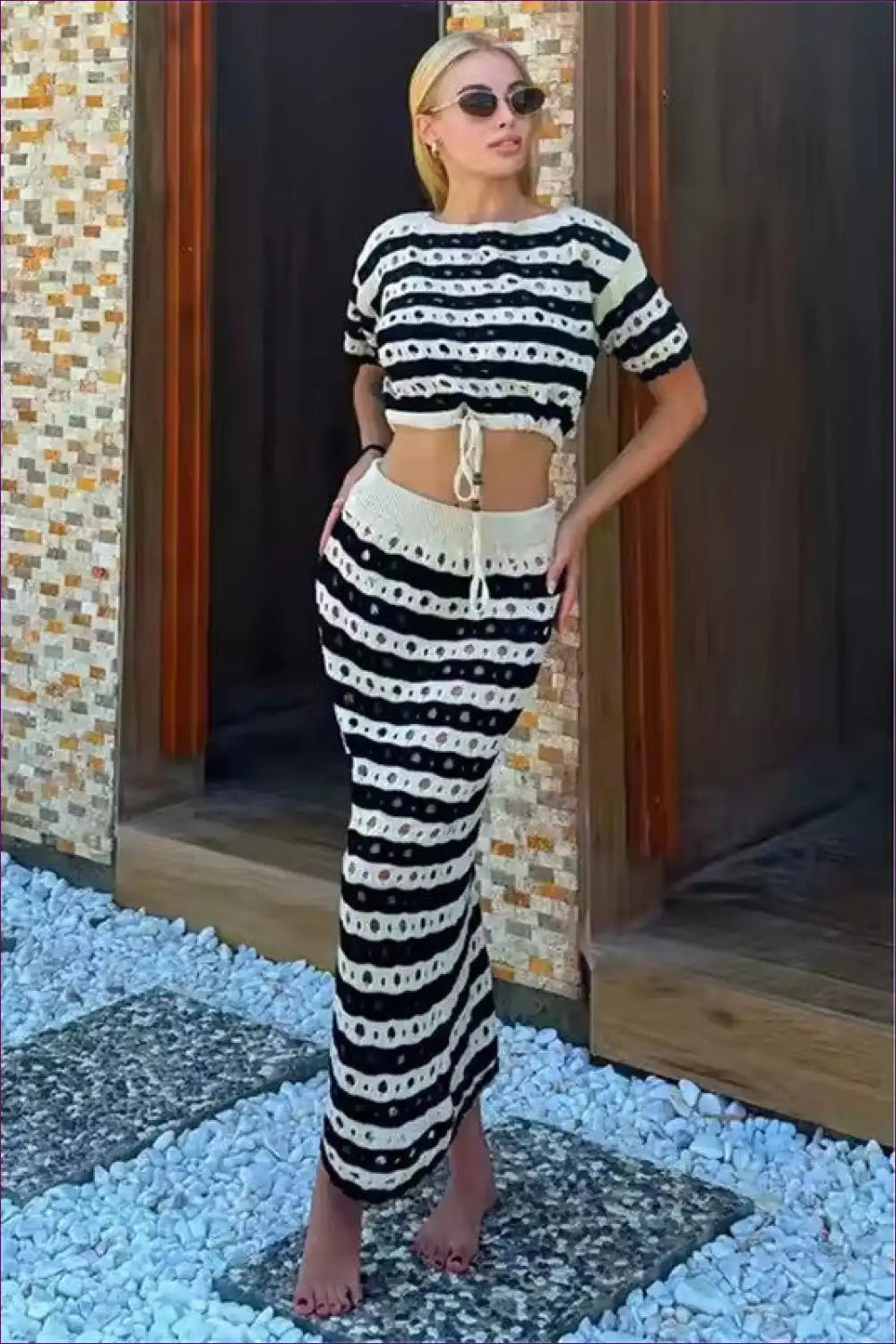 Striped Crop Top Maxi Skirt Set - Playful Sophistication for Boho, Casual, co Ord, Cutout, Everyday