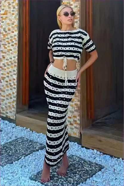 Striped Crop Top Maxi Skirt Set - Playful Sophistication for Boho, Casual, co Ord, Cutout, Everyday