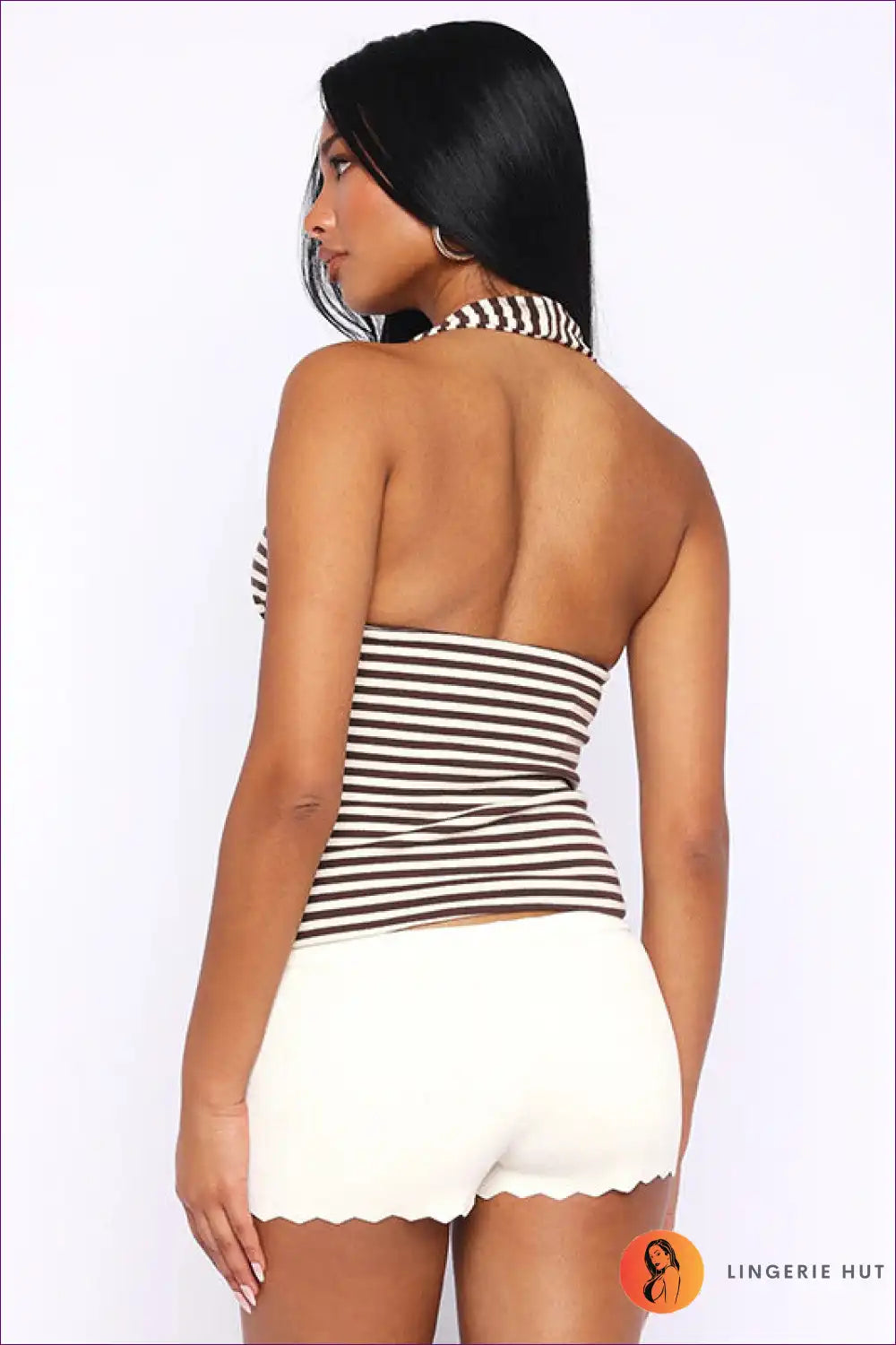 Striped Halter Tank Top with Deep v - Summer Statement for Casual, Crop, Everyday, Halter,