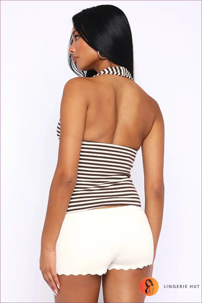 Striped Halter Tank Top with Deep v - Summer Statement for Casual, Crop, Everyday, Halter,