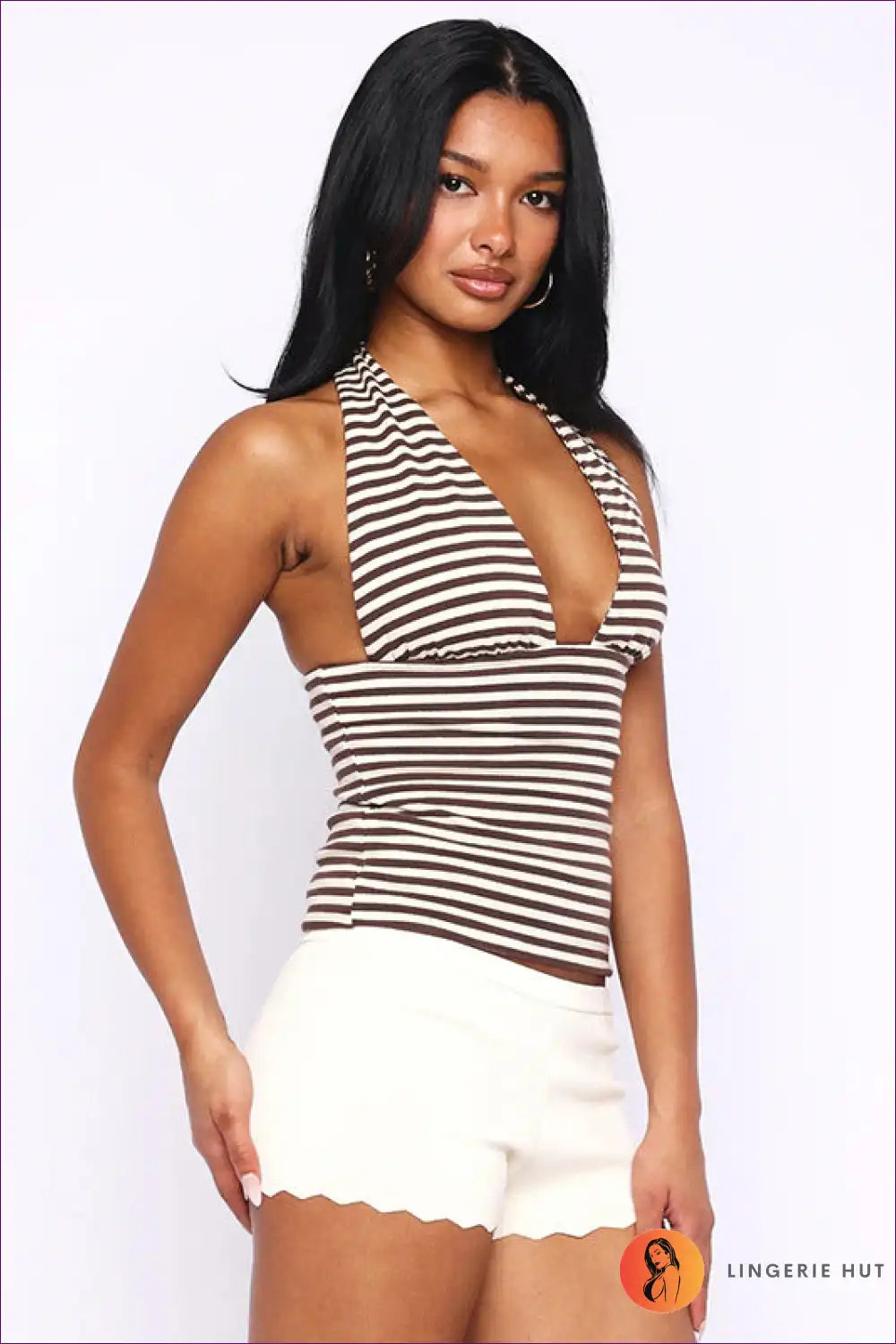 Striped Halter Tank Top with Deep v - Summer Statement for Casual, Crop, Everyday, Halter,