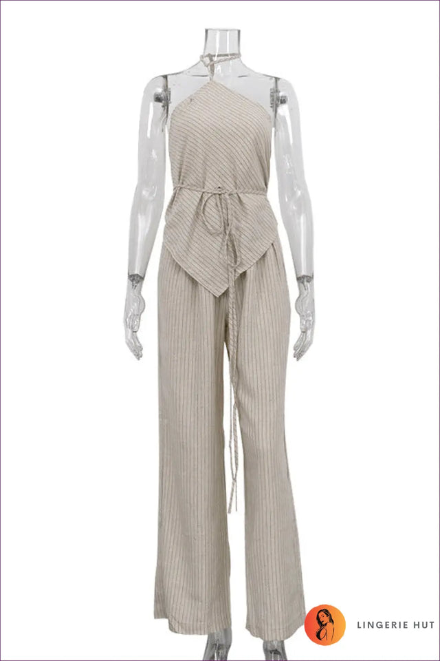 Striped Halterneck Two-Piece Set with Wide-Leg Trousers - Effortless Summer Edge
