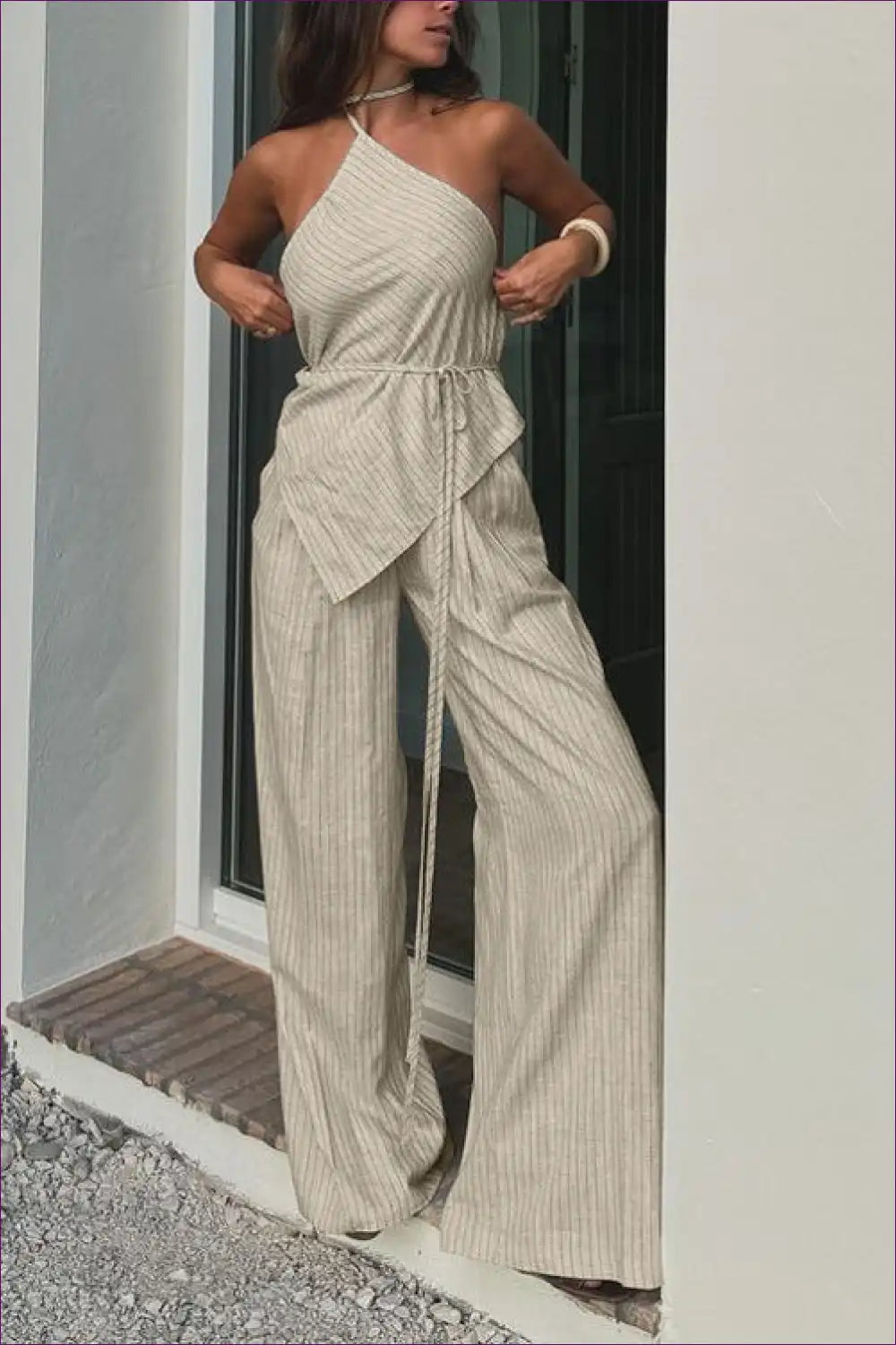 Striped Halterneck Two-piece Set with Wide-leg Trousers - Effortless Summer Edge for Beachwear, Casual,
