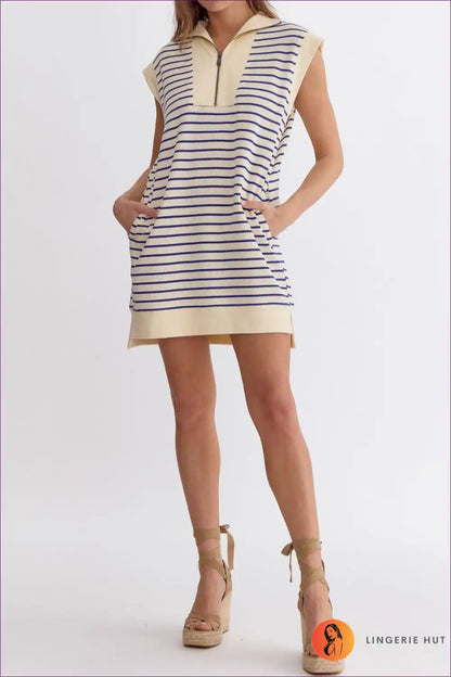 Striped Jersey Dress with Zip Detail - Casual Chic for a Line, All Season, Casual, Cotton, Everyday
