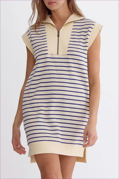 Striped Jersey Dress with Zip Detail - Casual Chic for a Line, All Season, Casual, Cotton, Everyday