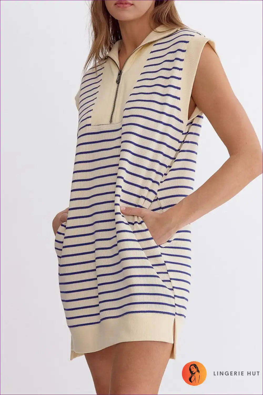 Striped Jersey Dress with Zip Detail - Casual Chic for a Line, All Season, Casual, Cotton, Everyday