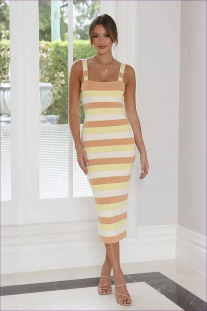 Striped Knit Midi Dress with Tank Straps - Summer Sophistication for A-line, Bodycon, Casual, Cotton, Everyday