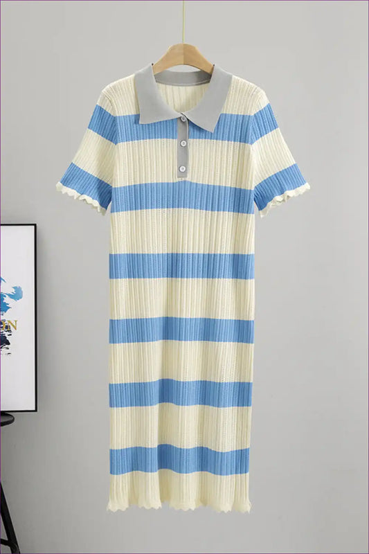 Striped Knit Polo Midi Dress with Ribbed Texture - Everyday Ease for a Line, Casual, Cotton, Everyday,
