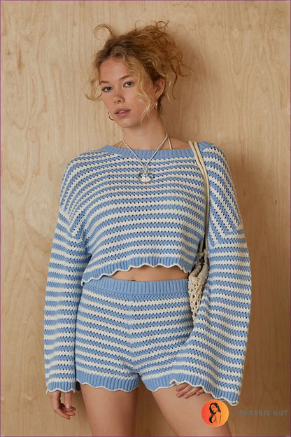 Striped Knit Two-piece Set with Cropped Top - Coastal Ease - s / Blue - Mangar