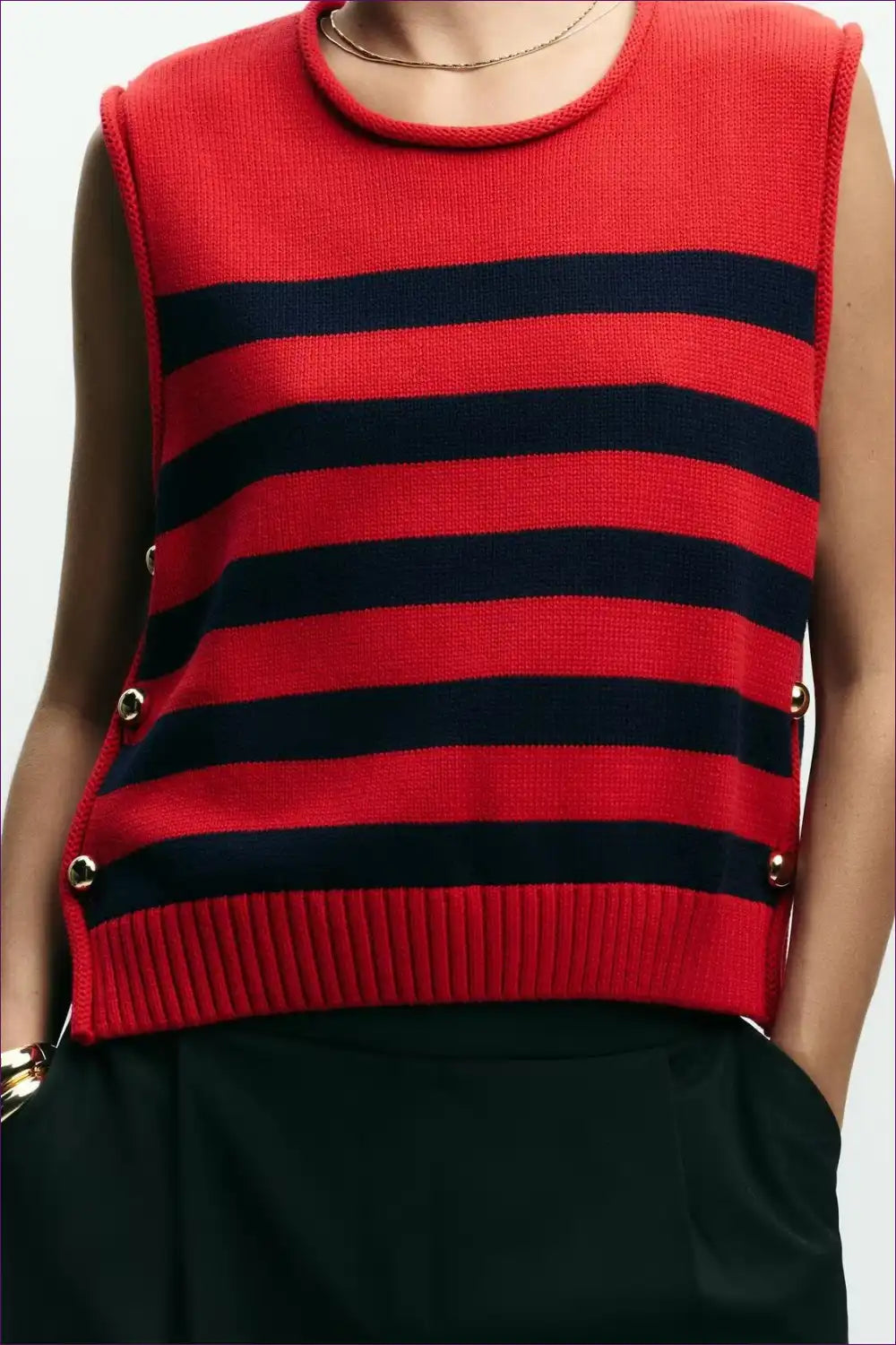 Striped Knit Vest with Side Buttons - Modern Layering Essential for All Season, Autumn, Casual, Cotton,
