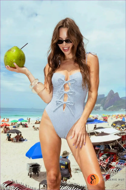 Striped Lace-up Swimsuit with Keyhole Cutouts - Riviera Nights - Swimwear - Beachwear • Cutout • just in • Party