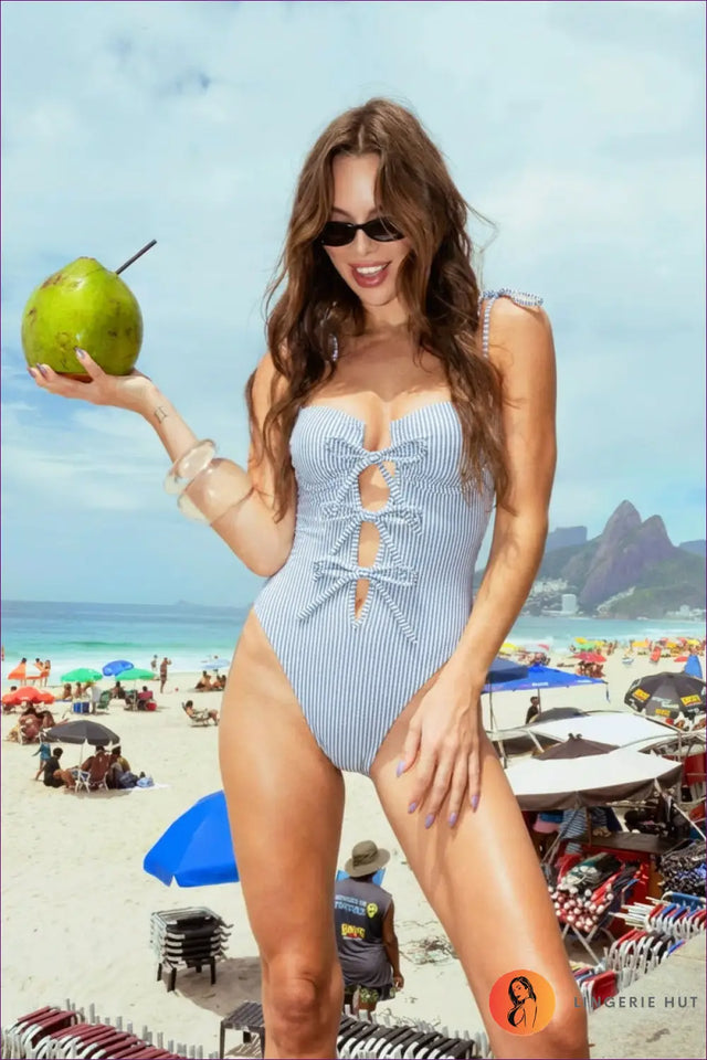 Striped Lace-Up Swimsuit with Keyhole Cutouts - Riviera Nights