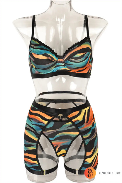 Animal Print Mesh Bra Set with Cutout Detail - s / Green - Date Night • Lace • Lingerie - Hut