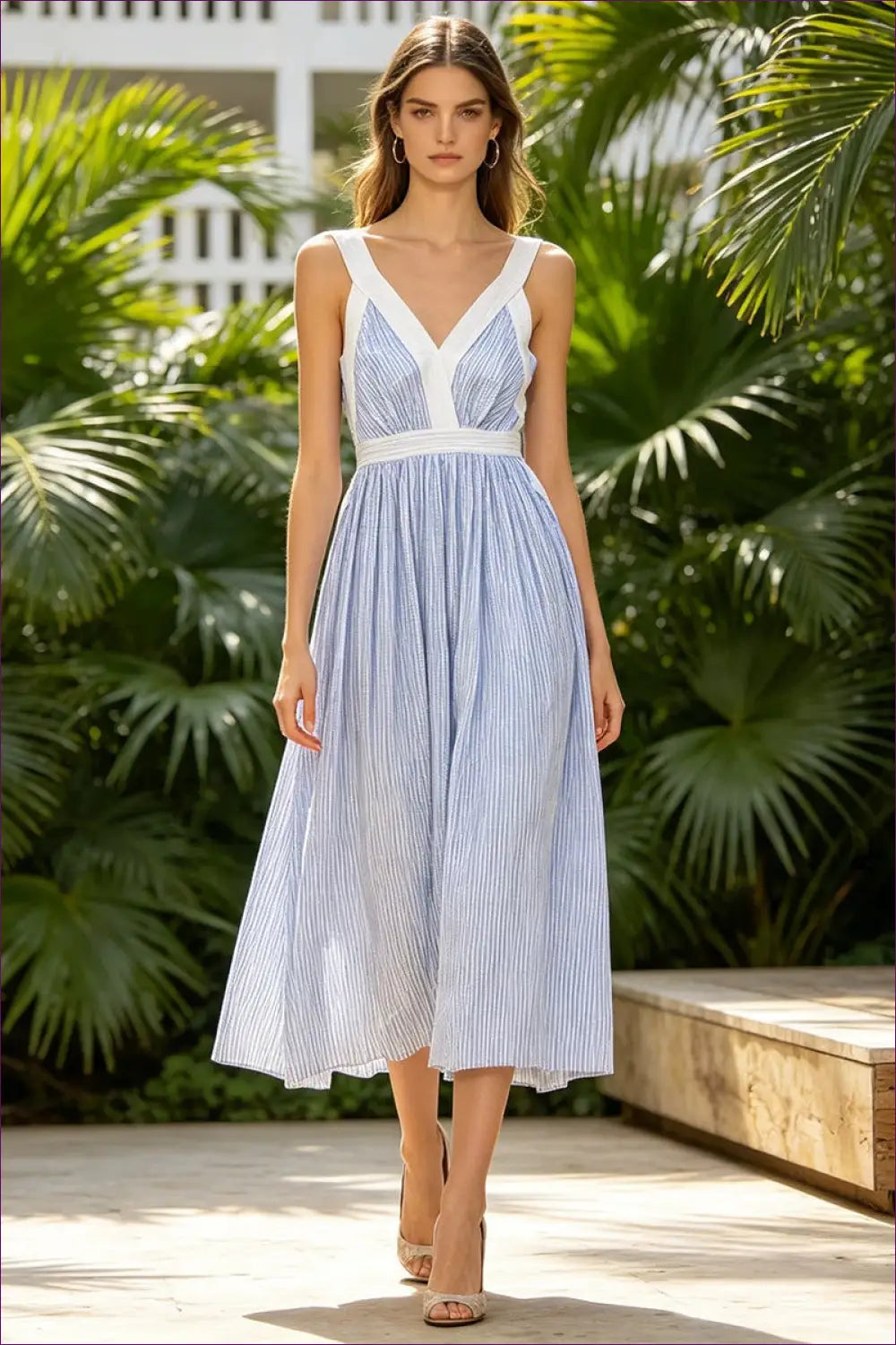 Striped Midi Dress with Contrast Waist Trim - Coastal Summer Ease - a Line - Casual • Cotton • Dresses - Lingerie Hut