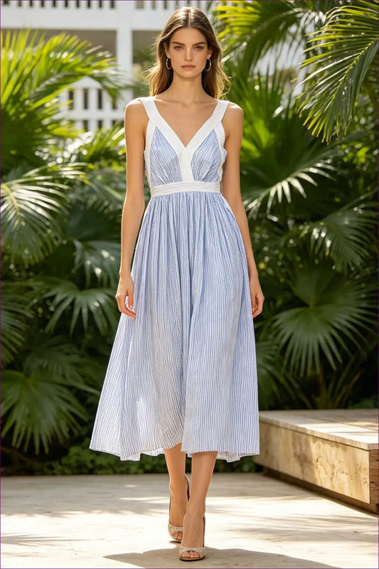 Striped Midi Dress with Contrast Waist Trim - Coastal Summer Ease - a Line - Casual • Cotton • Dresses - Lingerie Hut