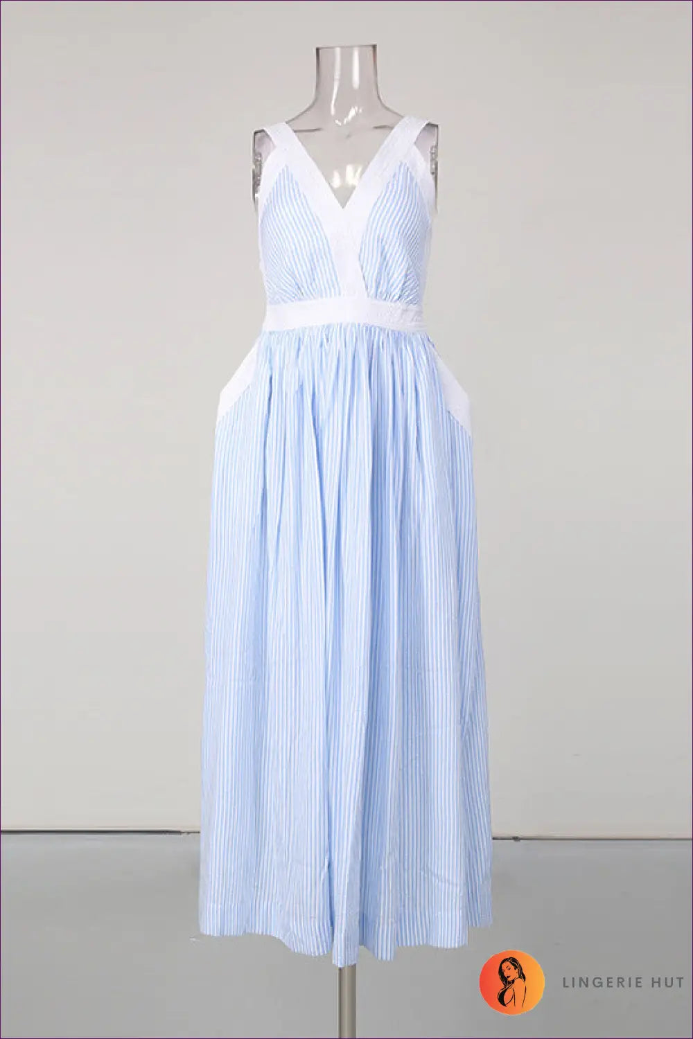 Striped Midi Dress with Contrast Waist Trim - Coastal Summer Ease - s / Blue - a Line - Casual • Cotton • Dresses