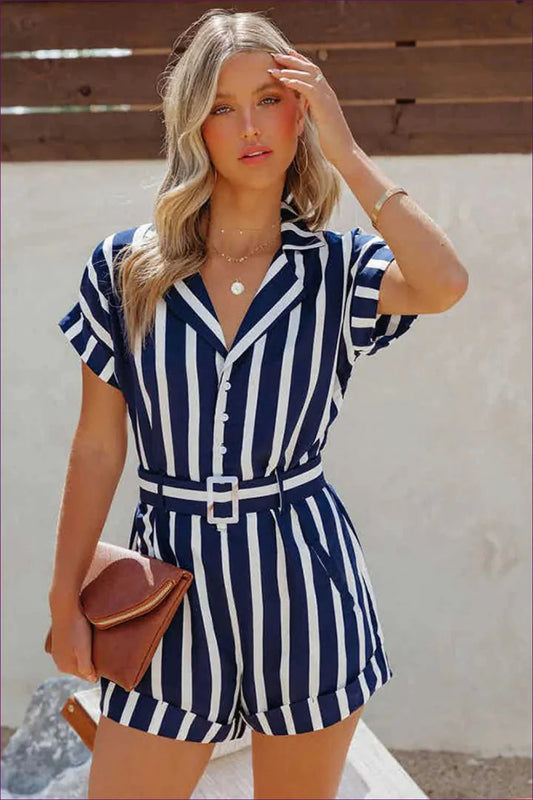Effortless Summer Style With Our Striped Short Sleeve Lapel Jumpsuit - Versatile, Stylish, And Chic. Limited