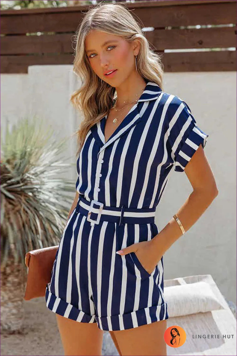 Effortless Summer Style With Our Striped Short Sleeve Lapel Jumpsuit - Versatile, Stylish, And Chic. Limited
