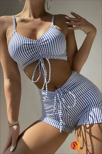 Striped Tie-front Co-ord Set - Summer Outings Sorted - s / Blue - co Ord - Outfit Sets - Lingerie Hut - Beachwear