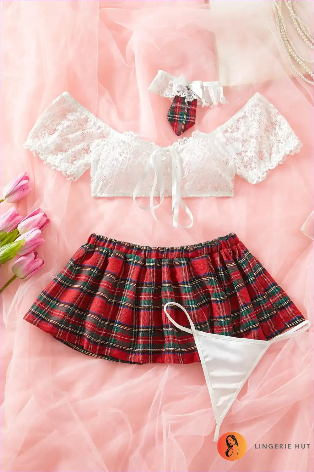 Student Fantasy Lingerie Set with Lace Crop Top and Red Plaid Skirt for Costume, Crop, just In, Lace, Mini