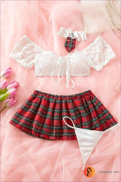 Student Fantasy Lingerie Set with Lace Crop Top and Red Plaid Skirt for Costume, Crop, just In, Lace, Mini