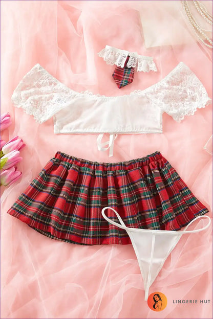 Student Fantasy Lingerie Set with Lace Crop Top and Red Plaid Skirt for Costume, Crop, just In, Lace, Mini