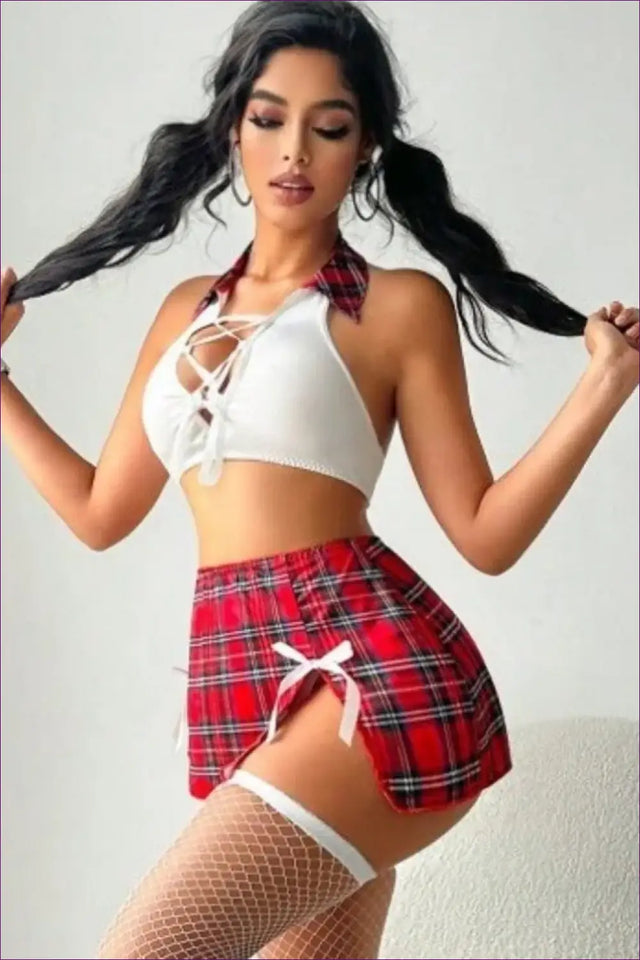 Student Uniform Costume with Plaid Skirt - Flirty Role Play
