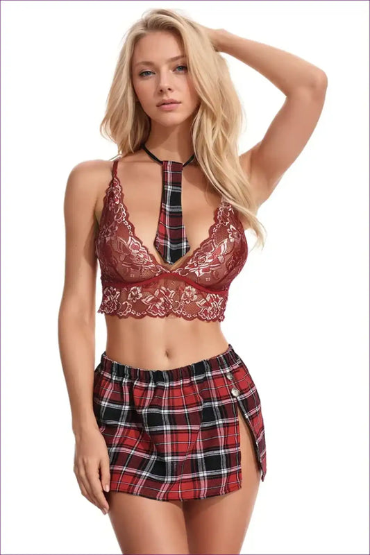 Student Uniform Set with Plaid Skirt and Lace Bra - Playful Energy for Boudoir, Set, Choker, Costume, Evening