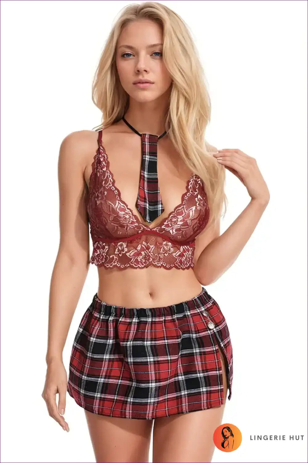 Student Uniform Set with Plaid Skirt and Lace Bra - Playful Energy for Boudoir, Set, Choker, Costume, Evening