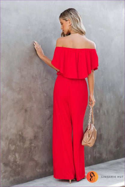 Embrace Effortless Elegance With Our Stunning Off-shoulder Ruffle-trimmed Jumpsuit. Elevate Your Style