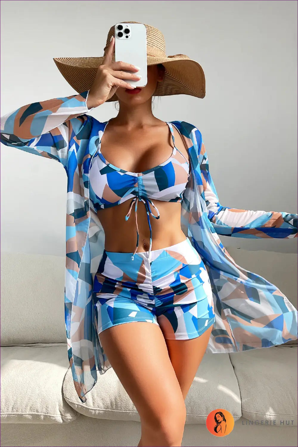 Make a Statement At The Beach With Our Stylish Three-piece Swimsuit Featuring High Waist And Long Sleeves.