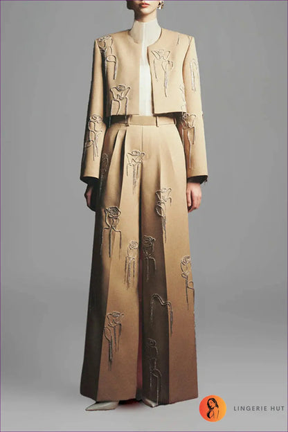 Suit Set with Embroidered Florals - Artisanal Elegance - s / Light Khaki - co Ord - Lingerie Hut - All Season • Blouse
