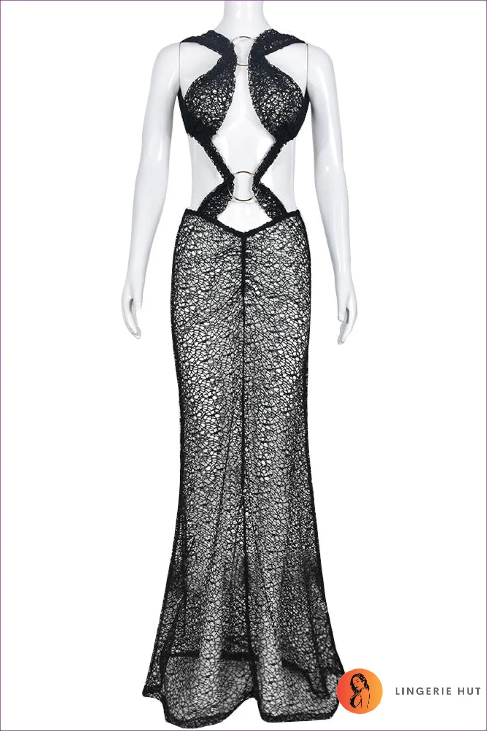 Turn Heads With Lingerie Hut’s Sultry Backless Halter Neck Maxi Dress. See-through Lace, Steel Ring Accent,