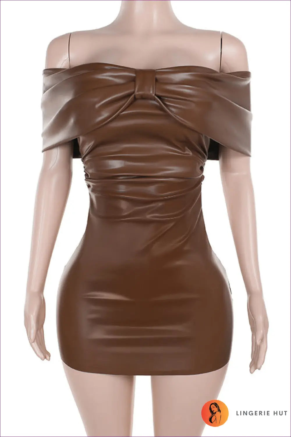 Sultry Brown Faux Leather Off-shoulder Mini Dress - Edgy Elegance for Autumn, Bodycon, Clubwear, Dress,