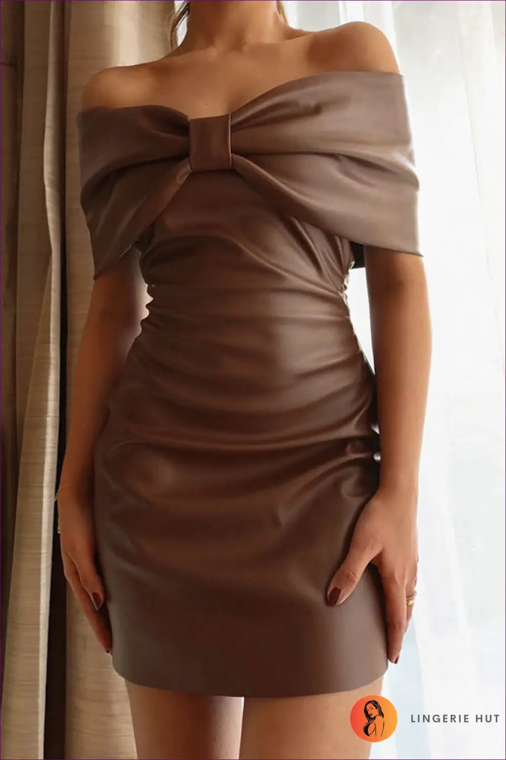 Sultry Brown Faux Leather Off-shoulder Mini Dress - Edgy Elegance for Autumn, Bodycon, Clubwear, Dress,