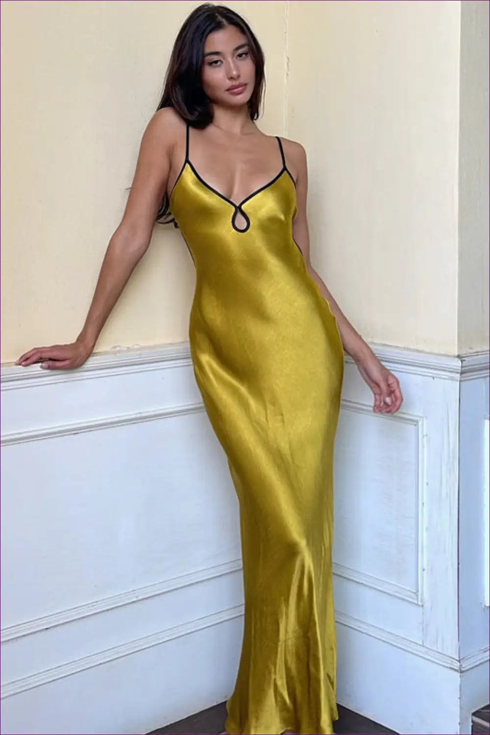 Sultry Gold Satin Slip Dress - Radiate Elegance for Date Night, Dress, Glamour, Maxi, Night