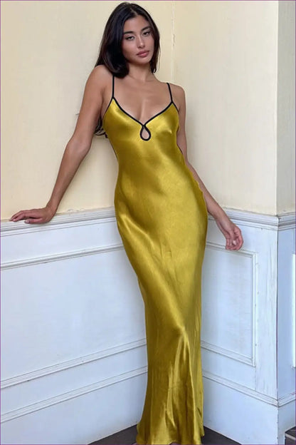 Sultry Gold Satin Slip Dress - Radiate Elegance for Date Night, Dress, Glamour, Maxi, Night