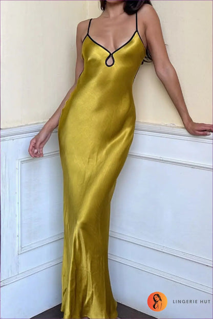 Sultry Gold Satin Slip Dress - Radiate Elegance for Date Night, Dress, Glamour, Maxi, Night