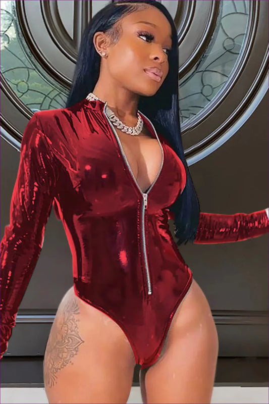 Dazzle The Night With Our Latex Zip Long Sleeve Bodysuit. Designed For a Sexy, Figure-hugging Look, It’s