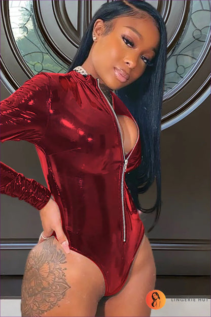 Dazzle The Night With Our Latex Zip Long Sleeve Bodysuit. Designed For a Sexy, Figure-hugging Look, It’s