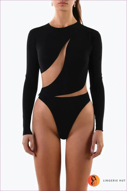 Elevate Your Style With Our Mesh Sheer Round Neck Long Sleeve Thong Bodysuit. This Ultra-sexy Yet